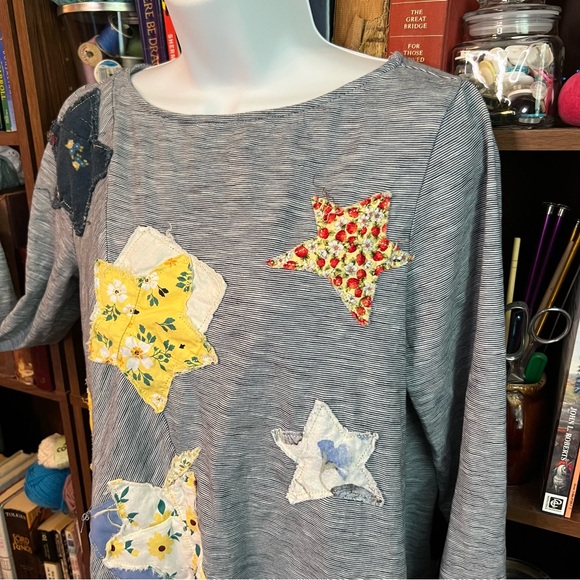 Upcycled Patchwork Star Print Distressed Cotton Stretch Tunic Top - Picture 5 of 14